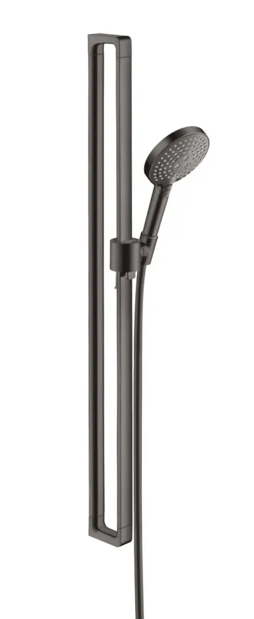 Handbrause mit Schlauch in einer Halterung, beide in gebürstetem Schwarzchrom. Das Design ist modern und funktional, hergestellt von Axor.